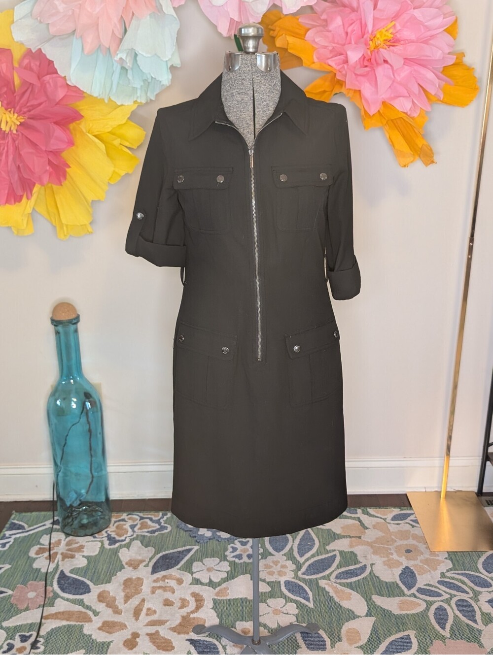 2046 - Michael Kors Black Zip Shirt Dress w/ Buttoned Pockets & Roll-Tab Sleeves